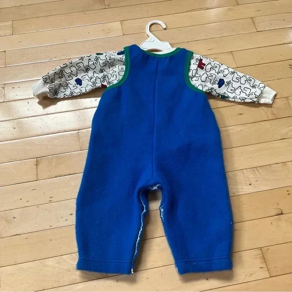VTG Carters Blue Fleece Overalls Set Long Sleeve Shirt Bear Moose Baby 9-12 M